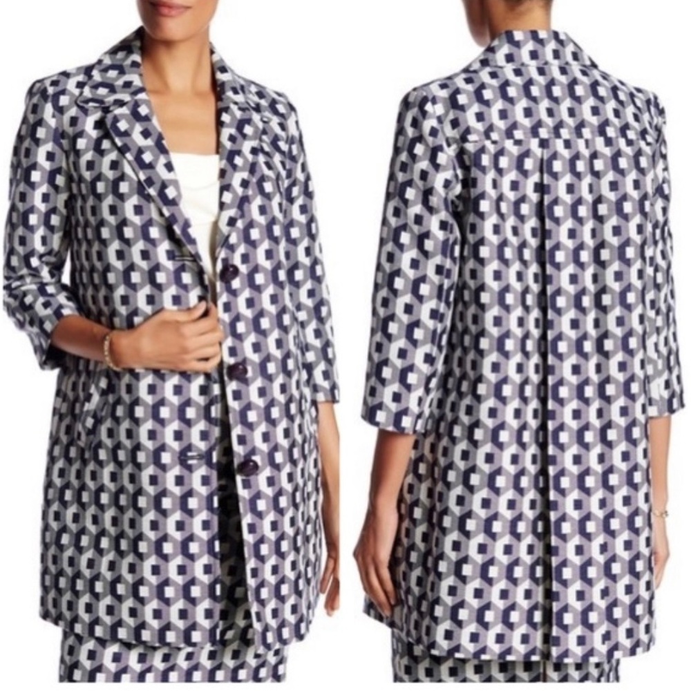 Trina Turk Blue Notch Lapel Geometric Coat